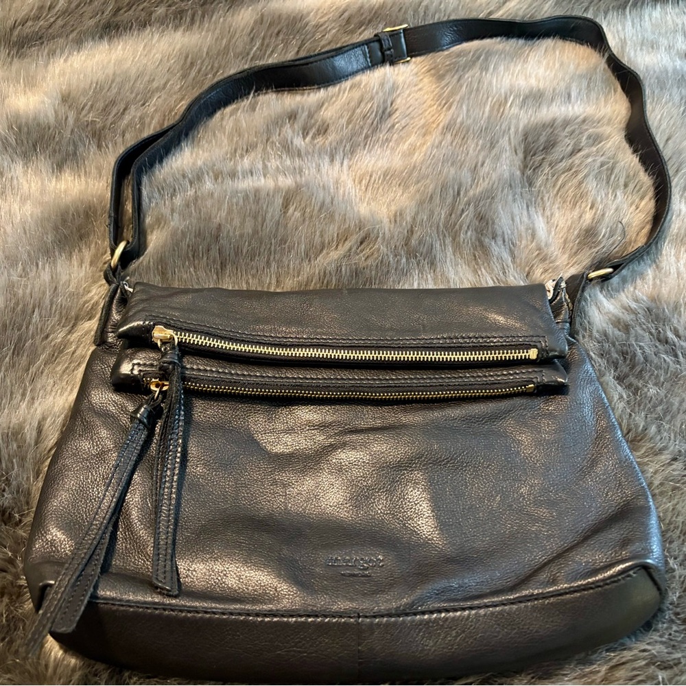 Black Leather Crossbody Bag with Gold Accents
